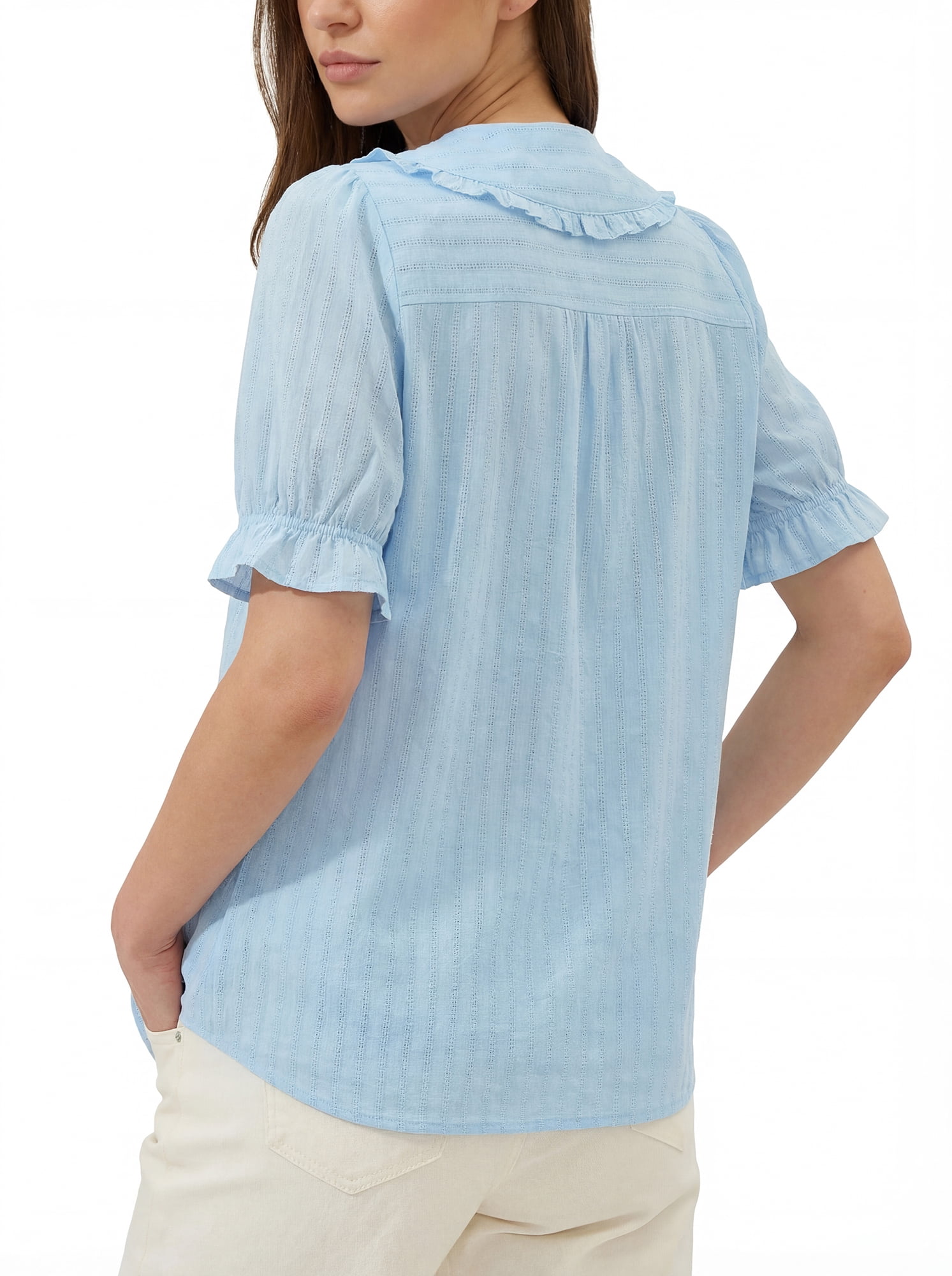 PRETTYGARDEN Women's V Neck Poplin Short Sleeve Button Up Top, Sizes S-XXL