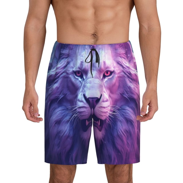 Balery Cool Lion Head Pantalones cortos de pijama de punto de algodón para hombre con cinturilla y bolsillos-4X-Large