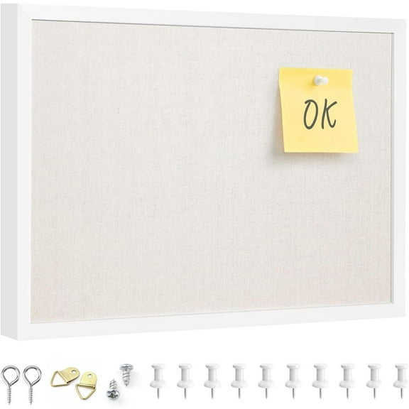 11"x14.6" inch Bulletin Board with Linen, White Wood Style Frame, with 10 Pushpins, Linen Cork Board, Ideal for School, Home & Office