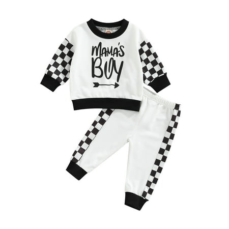 

IZhansean Toddler Baby Boy 2Pcs Fall Winter Clothes Plaids Mama s Boy Long Sleeve Pullover Tops+ Pants Set Black 12-18 Months