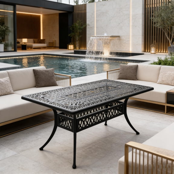 58.3" x 34.7" Rectangular Cast Aluminum Outdoor Dining Table with Black Frame and Umbrella Hole, Patio Table for Garden or Deck