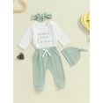 thumbnail image 6 of Aojekbee Baby Girl Fall Outfit, Letter Embroidery Long Sleeve Romper Elastic Waist Pants Hat Headband 4 Piece Set, 6 of 10