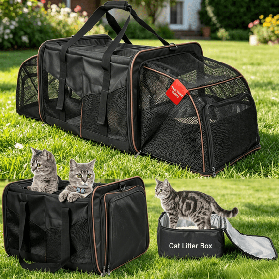 Mashelly Cat Carrying Case, Protable and Breathable Pet Travel Carrier, Double Compartment Cat & Dog Carrier for 2 Cats, Expandable Double Soft Sided Carrier with 2 Litter Boxes