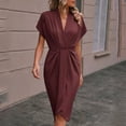 thumbnail image 2 of WRKEKC Summer Dresses for Women Solid V Neck Short Sleeve Cinched Waist Maxi Soft Breathable Fabric Chic Soft, 2 of 7