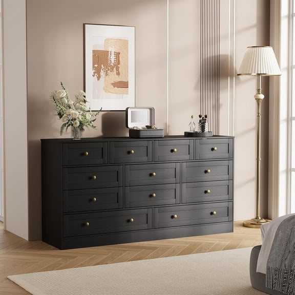 12 Drawer Wood Dresser for Bedroom, Wide Chest of Drawers Storage Organizer, Modern TV Stand Dresser for Living Room and Hallway, Fits TVs up to 65 Inch，Black