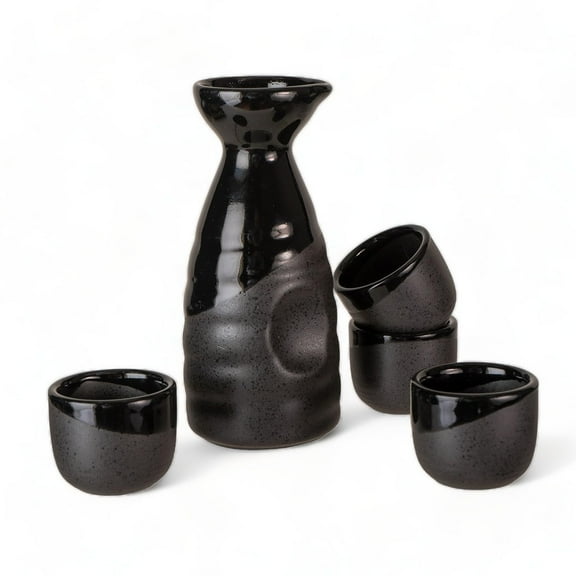 Urban Tokyo Japanese Sake 5 Piece Set Include 1 Sake Bottle and 4 Cups for Hot or Cold Sake Home or Restaurant Use Reactive Glazed Ceramic (Black Matte Gloss)