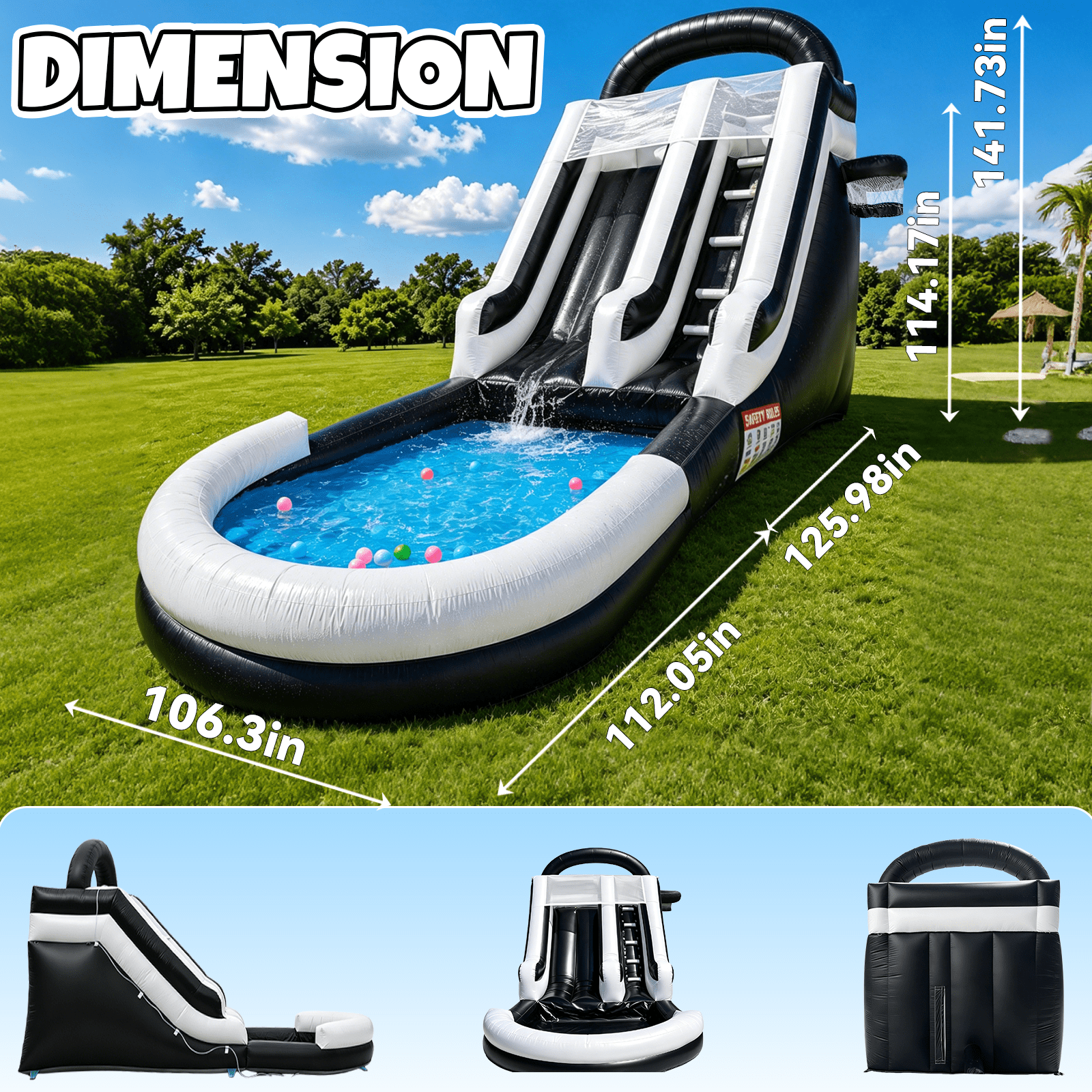 Vakiorn Commercial Water Slide 248.03x106.3x114.17 inch PVC Inflatable Pool with Blower Wet Dry Use Black