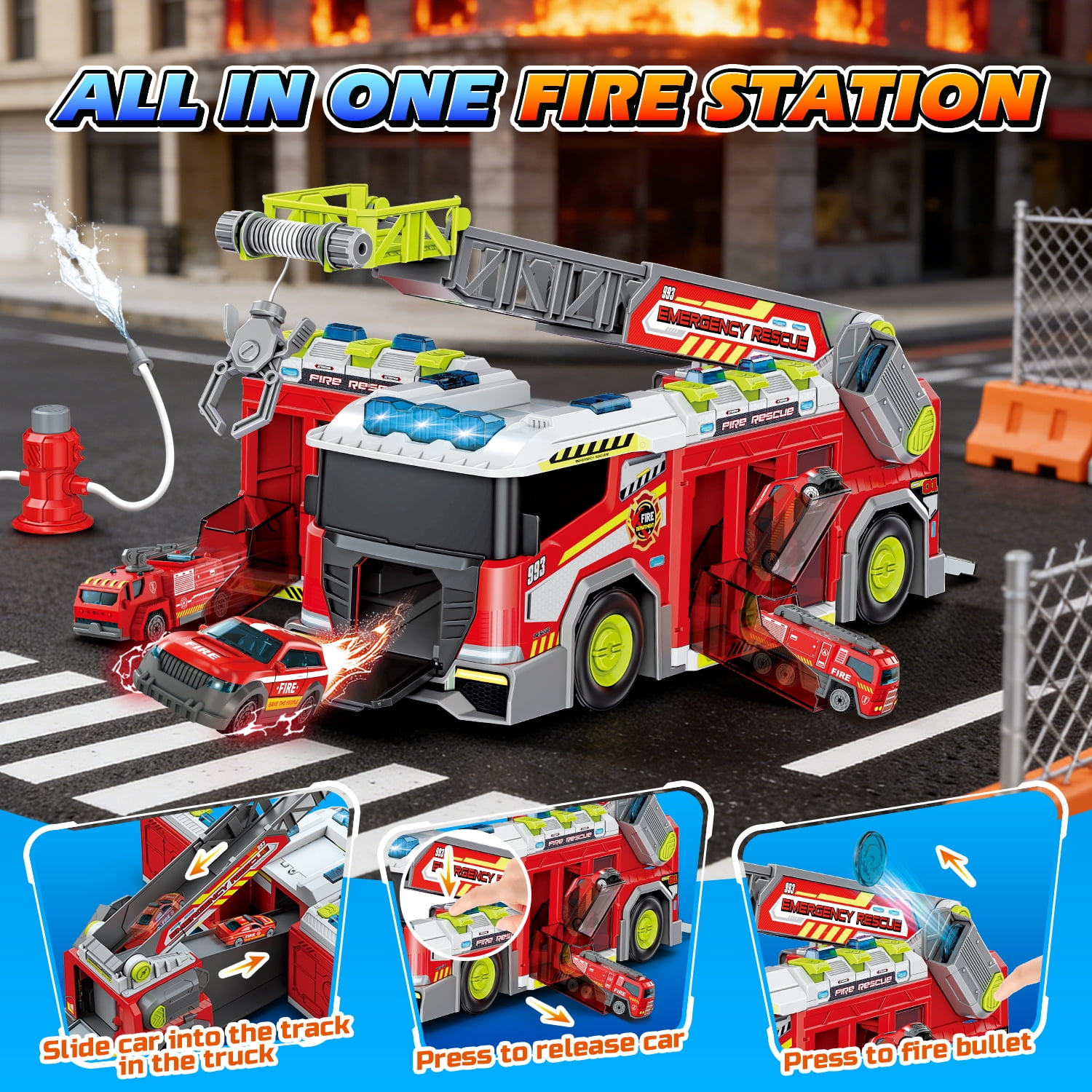 Carsky Fire Truck Toy with Storage Track, Lights & Sound Rescue Playset, City Garage Carrier Truck with Megaphone & Mini Cars, Role Play Gift Toys for Boys Girls