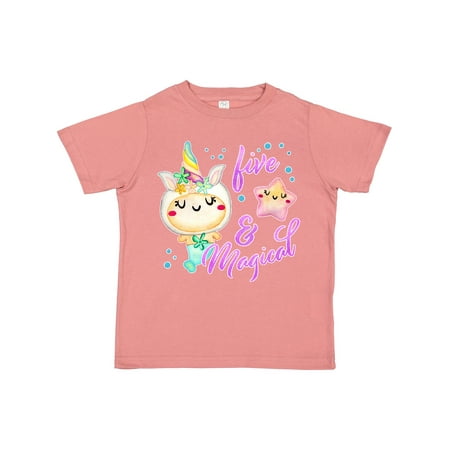 

Inktastic Five and Magical- Fifth Birthday Mermaid with Unicorn Horn Gift Toddler Boy or Toddler Girl T-Shirt