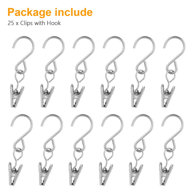 EEEkit 25/50pcs Clips with Hooks, Curtain Clips Hanging Clamp S Hooks Clips, Stainless Steel Gutter Hangers for Photos String Party Lights Holders