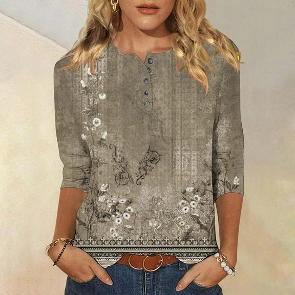 Pincandy 3/4 Length Sleeve Women's Casual Round Neck Cute Tops Fashion Loose Fit T-Shirts and Blouses