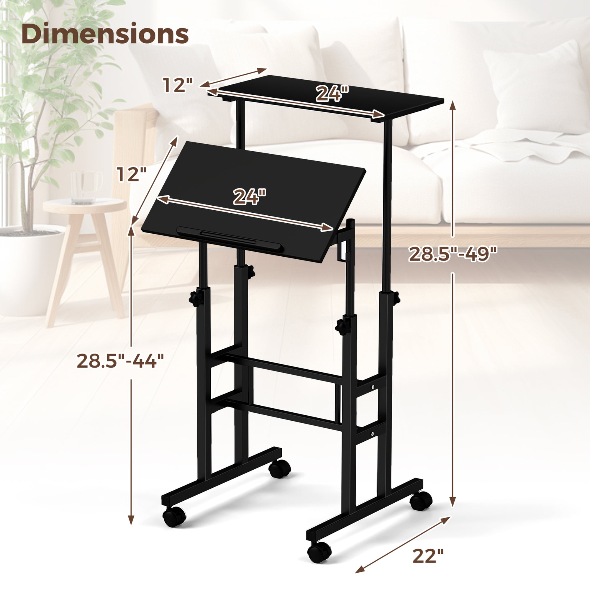 Costway Mobile Standing Desk Rolling Adjustable Laptop Cart Home Office Black