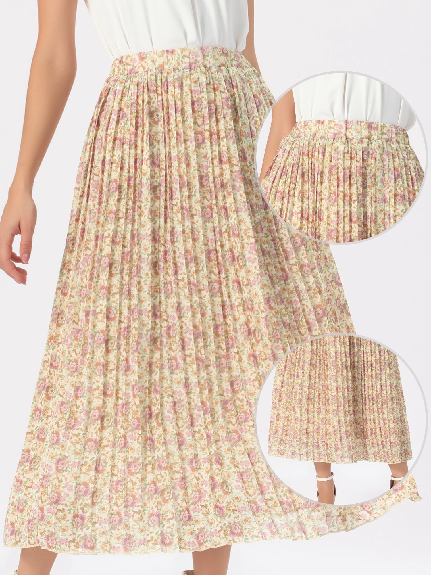 DARING DIVA Women's A-Line Elastic Boho Summer Floral Print Midi Skirts XS Apricot
