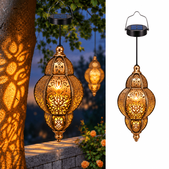 UOGUIK Hanging Solar Lantern Decor 13in Outdoor Moroccan Metal Solar Light Waterproof, for Garden Decor, Patio, Porch, Pathway and Yard(Copper)