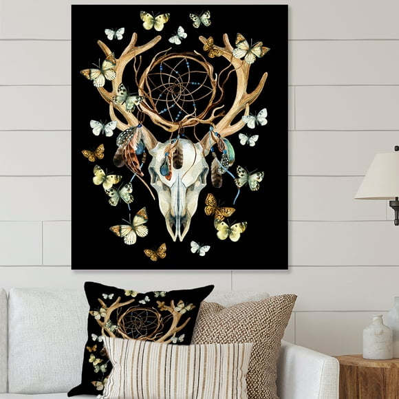Designart Deer Skull With Butterflies Traditional Canvas Wall Art