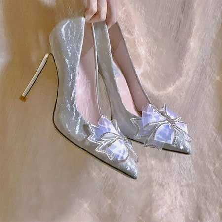 

Crystal silver bow high heels women‘s stiletto heel fairy style girl bridesmaid Golden wedding shoes Xiuhe wedding dress