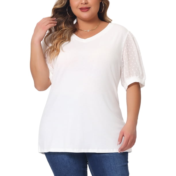 Blusas casuales de manga abullonada con puntos suizos en V para mujeres de tallas grandes Agnes Orinda 3X blancas