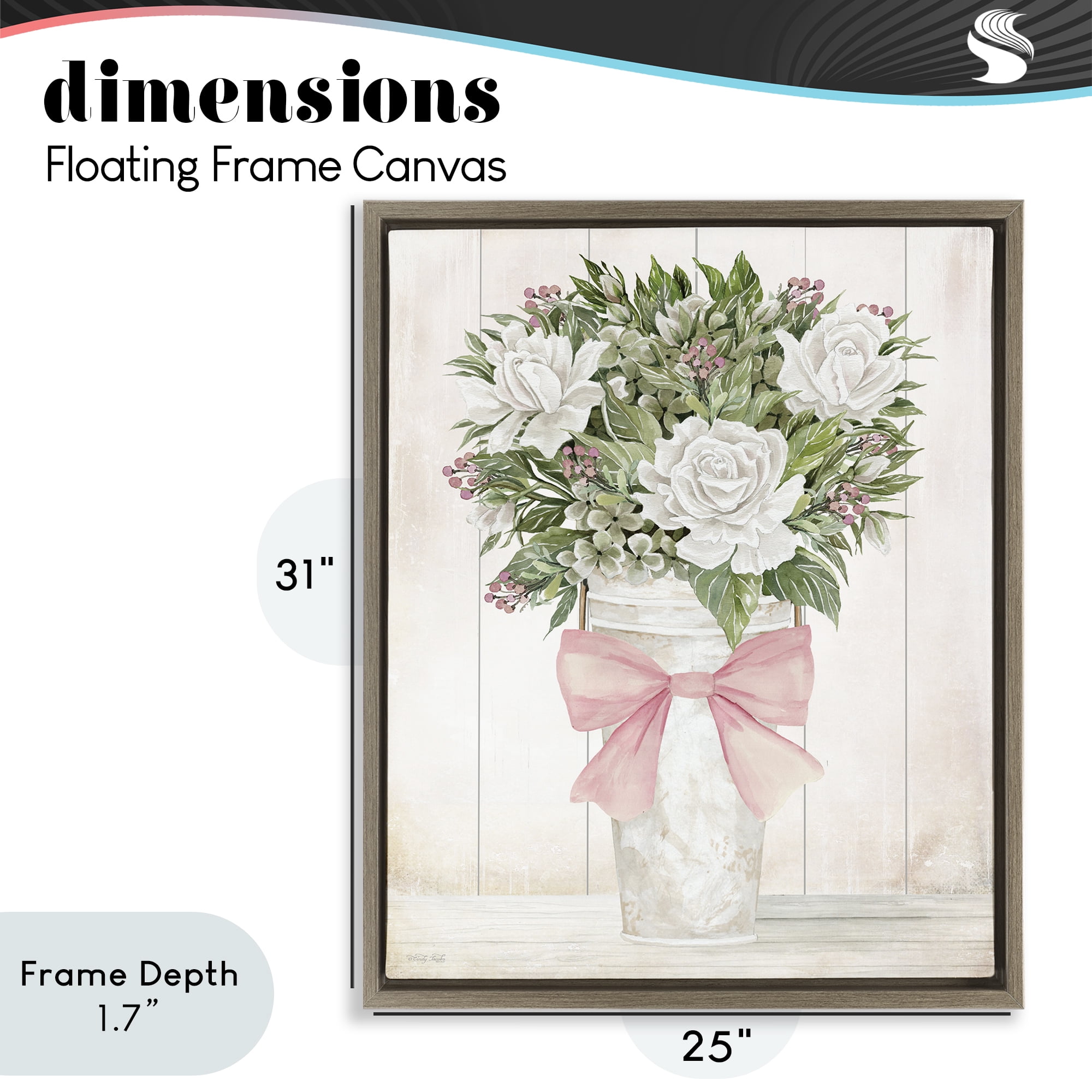 Stupell Industries Pretty In Pink Roses & Bow Brown Framed Floater Canvas Wall Art, design by Cindy Jacobs