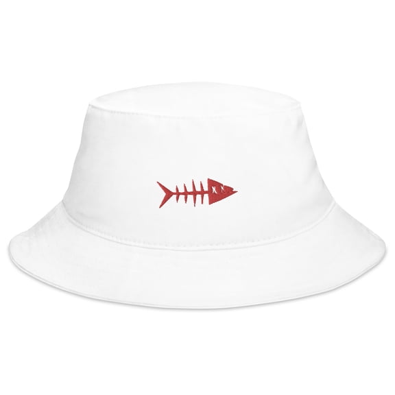 Clishirt Adult Unisex Embroidered Red Fish Cotton White Bucket Hat