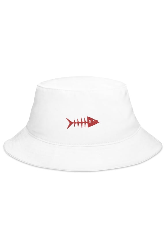 Adult Unisex Embroidered Red Fish Cotton White Bucket Hat