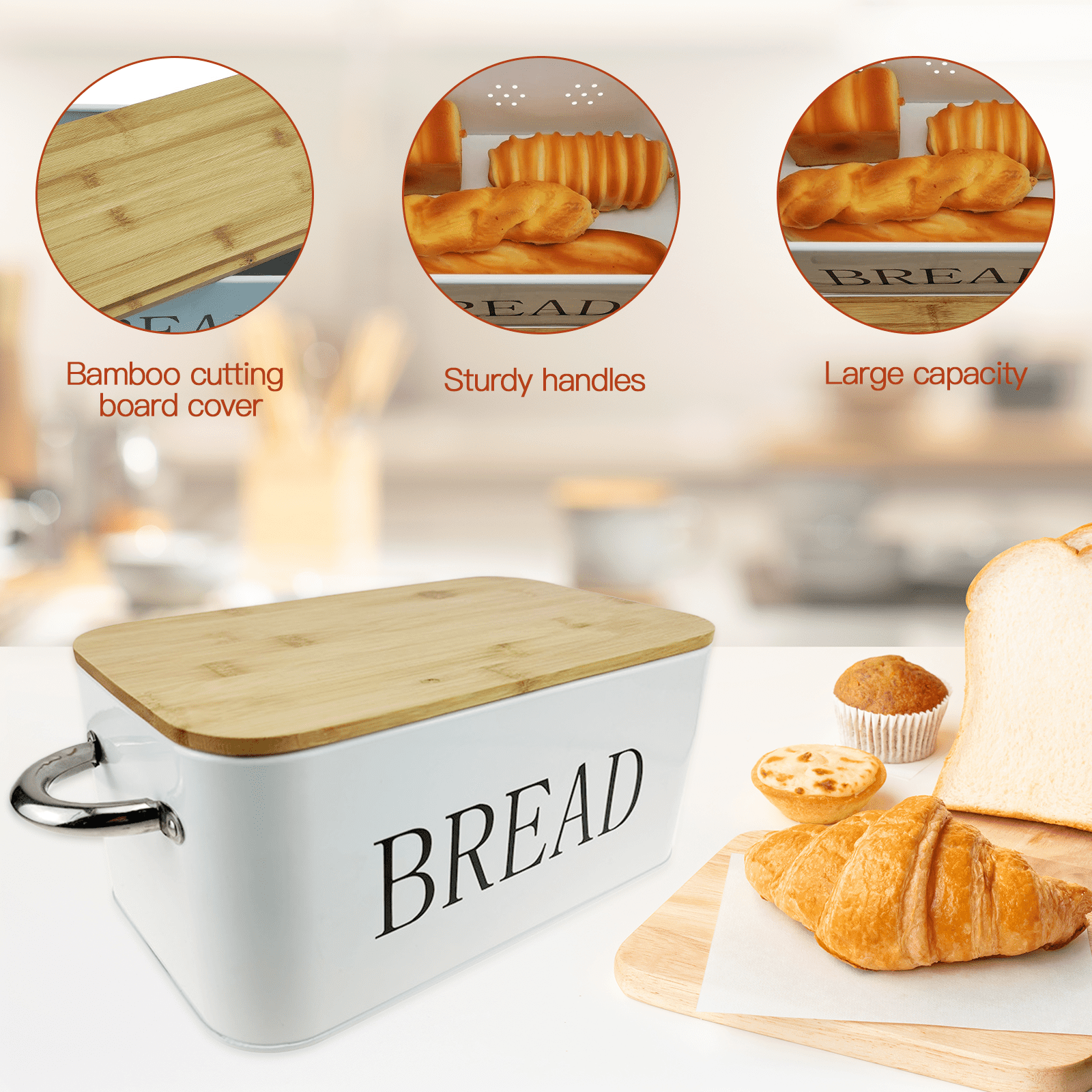 SPOKKI Modern Metal Bread Box with Bamboo Cutting Board Lid, Bread Storage Container for Kitchen Counter, Vintage Kitchen Decor Organizer