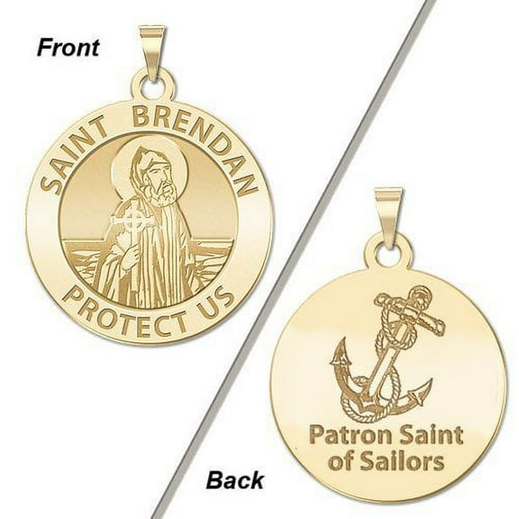 Saint Brendan Double Sided Sailors Round Religious Medal - 3/4 Inch Solid 14K Yellow Gold