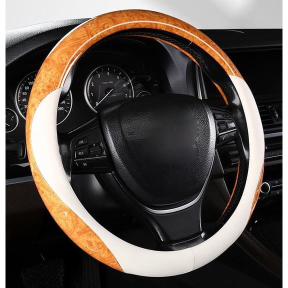 Classic Style Steering Wheel Cover Peach Wood Grain Four Seasons Universal Breathable Anti-Slip Car Wheel Protector 15 Inch Fit, Yellow