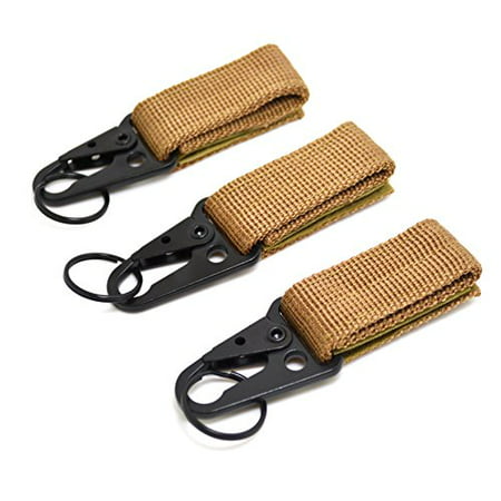 Tactical Ribbon Buckle Keychain Carabiners Nylon Belt Velcro Gear Keeper Quick Release for Molle Bags Webbing Attachment Strap Outdoor Sport Hiking Climbing Camping Hook Brown 3