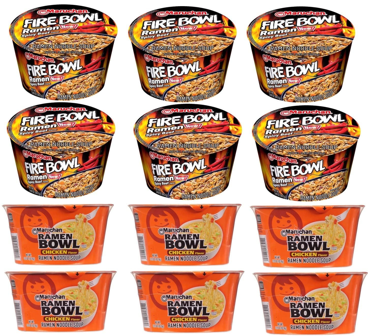 Maruchan Bowl Fire Spicy Beef Flavor 6 Pack & 6 Pack Maruchan Bowl Chicken Flavor Ramen Noodles with Vegetables 3.31 OZ