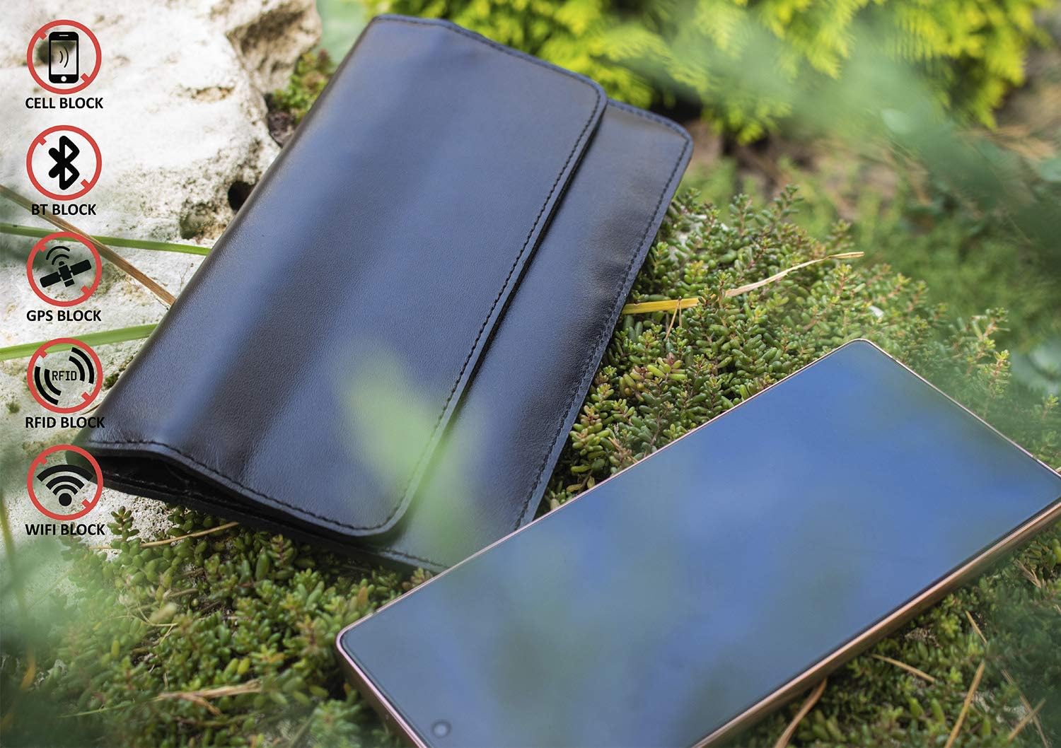 Leather Faraday Bag for Phone //RFID blocking signal and protect EMF/EMI radiation Black