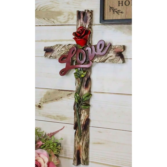 Rustic Western Faux Wooden Inspirational Love With Red Rose Stalk Wall Cross