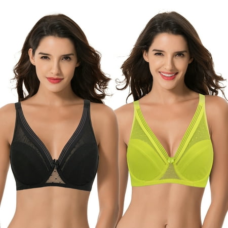 

Curve Muse Women s Plus Size Unlined Minimizer Full Coverage Mesh Underwire Bra-2pack-Black Neon Yellow-40C