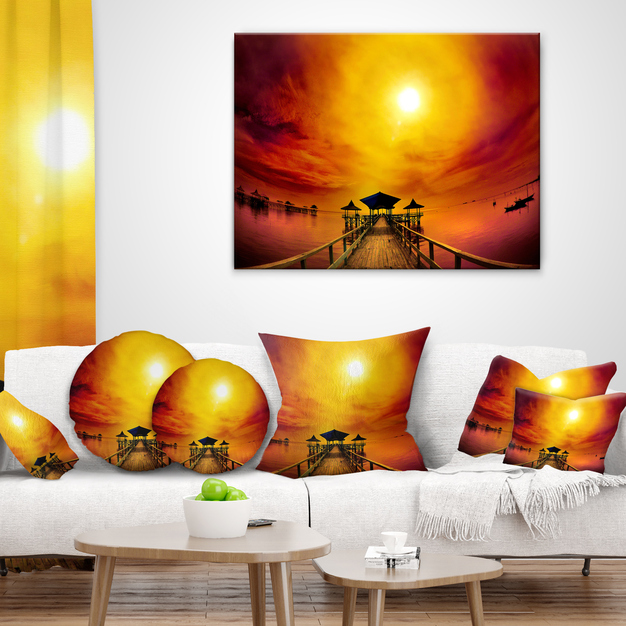Designart Exotic Wood Pier under Yellow Sun - Sea Bridge Throw Pillow - 18x18
