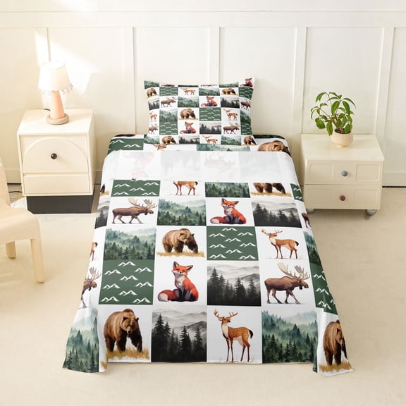 Manfei Woodland Fox Grid Twin Sheets,Green Check Pine Bedding,3-Piece,1 Fitted Sheet and 1 Pillowcase