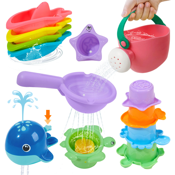11 Pcs Mold Free Toddler Bath Toys, Blue Whale Sprinkler Water Play Set, Stacking Cups & Floating Boats, BPA Free Baby Bathtub Toys for 1-3 Years Old