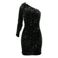 thumbnail image 4 of safuny Women's Mini Bodycon Dress Solid Sequin Fashion One Shoulder Autumn Dress Retro Spring Long Sleeve Side Split Link Holiday Black S, 4 of 9