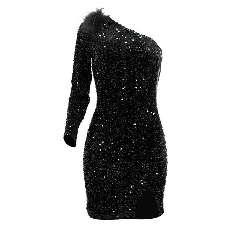 black sequin dress with fur Holiday Style: Sparkly Party Dresses Faux Fur