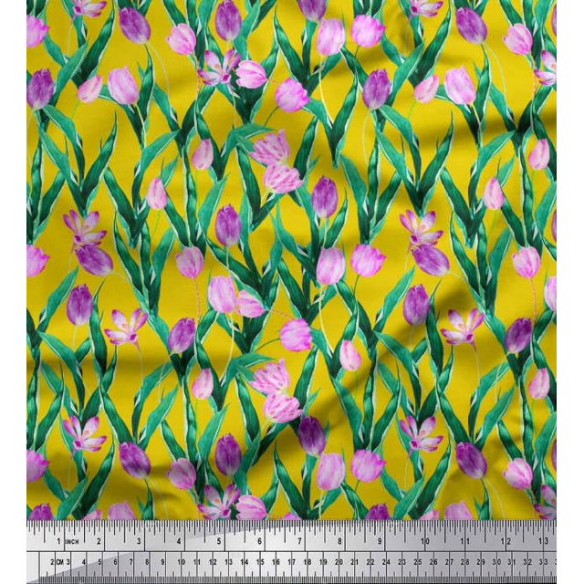 Soimoi Poly Georgette Fabric Leaves & Tulip Floral Print Fabric by Yard 52 Inch Wide