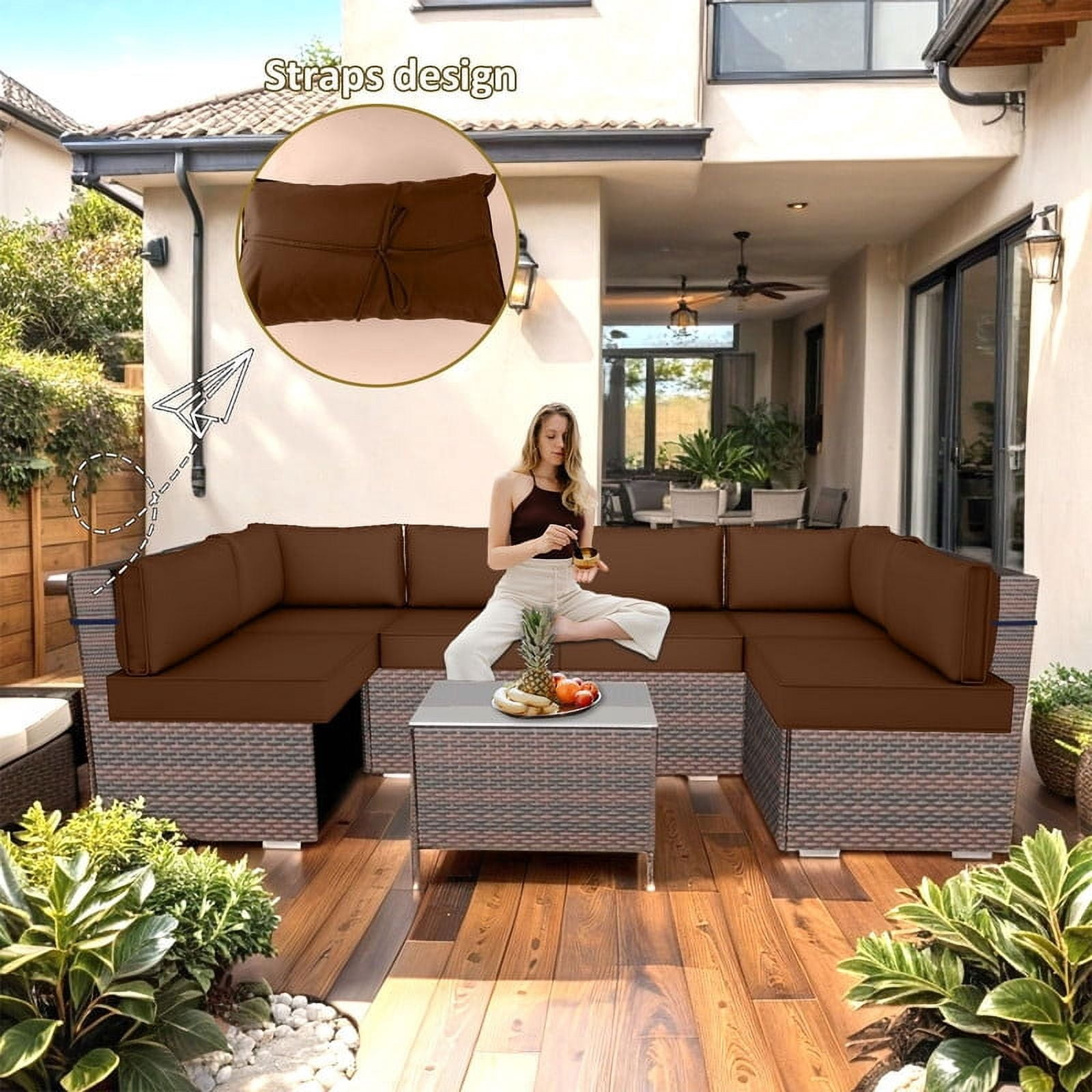 Outdoor Replacement Cushions for Patio Furniture,14-Piece Patio Water-Resistant Replacement Sofa Cushions Fits 6-seat Sectional Rattan Conversation Set,Liner&Cover