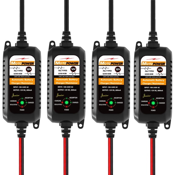 MOTOPOWER 12V 800mA Fully Automatic Battery Charger Battery Maintainer Trickle Charger - 4 Pack