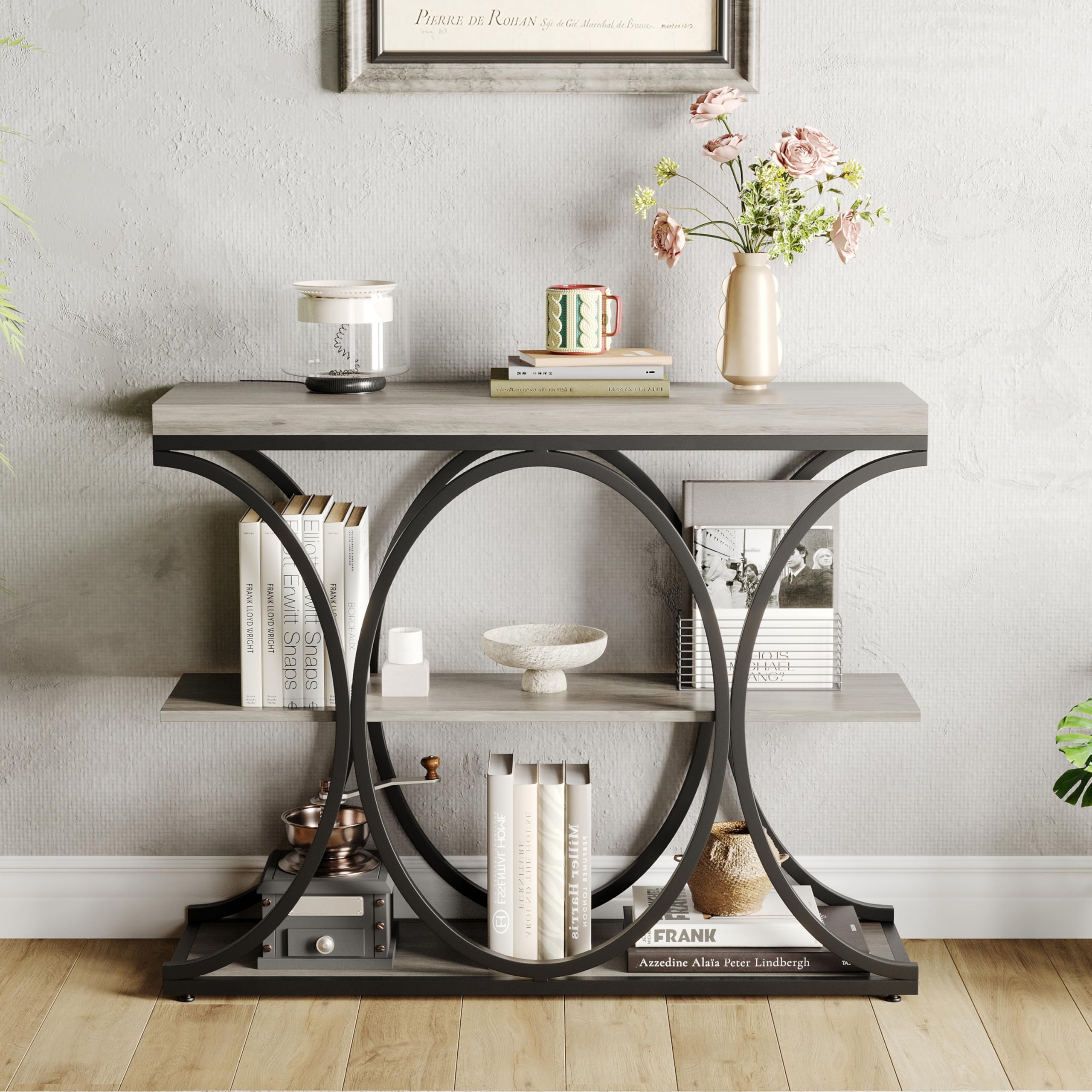Huisuilinss Console Table,39" Narrow Entryway Table,Industrial 3-Tier Sofa Table With Round Metal Base And Storage Shelves,Wood Behind Couch Table For Living Room Hallway Foyer