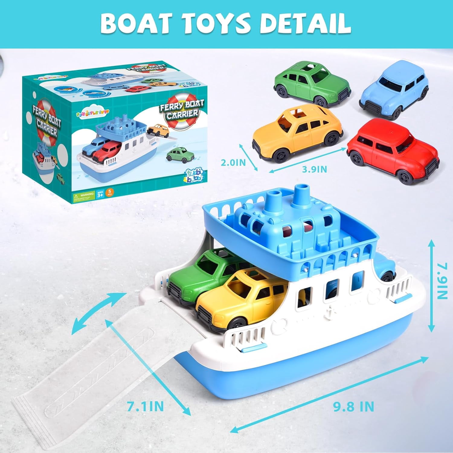 9 Pcs Toy Boat Bath Toys for Toddlers with 4 Mini Car Toys and 4 Bath Boat Squirters,Pool Beach Toys Floating Ferry Boat,Birthday Gift for Boys Girls 1-4
