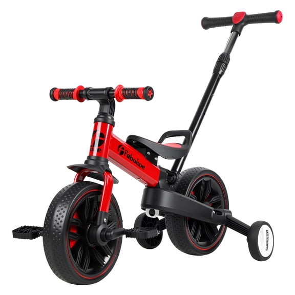 SUSUchens Balance Bicycle with Push Handle for Kids 2-5 Years Old, 6 in 1 Folding Push Bike with Training Wheels & Pedals, Balance Bike for Boys and Girls with Brakes & Kickstand _Red