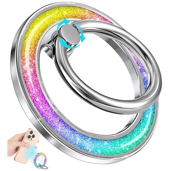 Phone Ring Holder Compatible with MagSafe - Magnetic Cell Phone Grip for Women Glitter Magnet Removable Finger Ring Grip Stand Cute Girly Sparkle for iPhone 16 15 14 13 Pro Max Plus, Rainbow