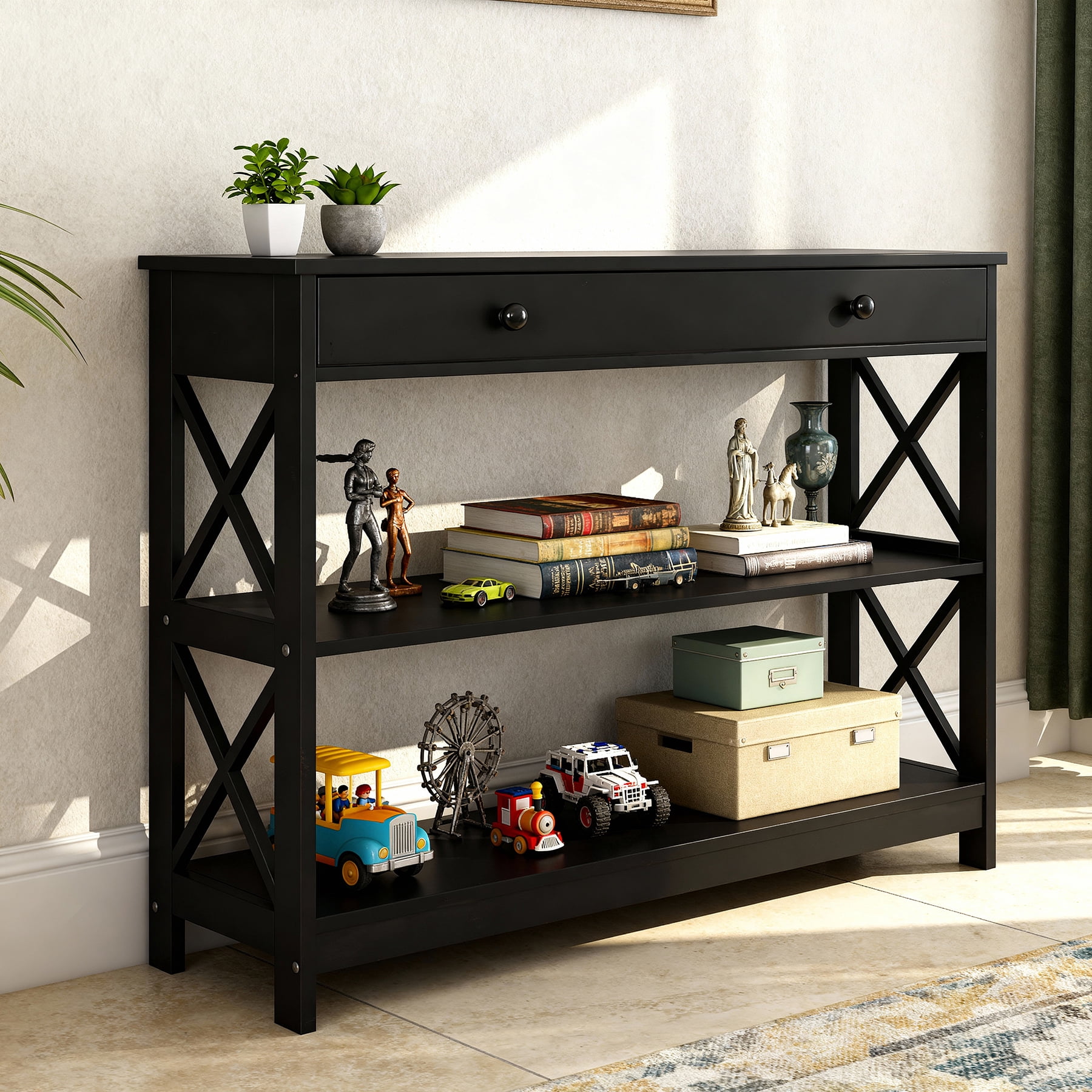 HomGarden 3-Tier Narrow MDF Console Table W/Drawer & Shelves, Modern Sofa Entryway Table, Black