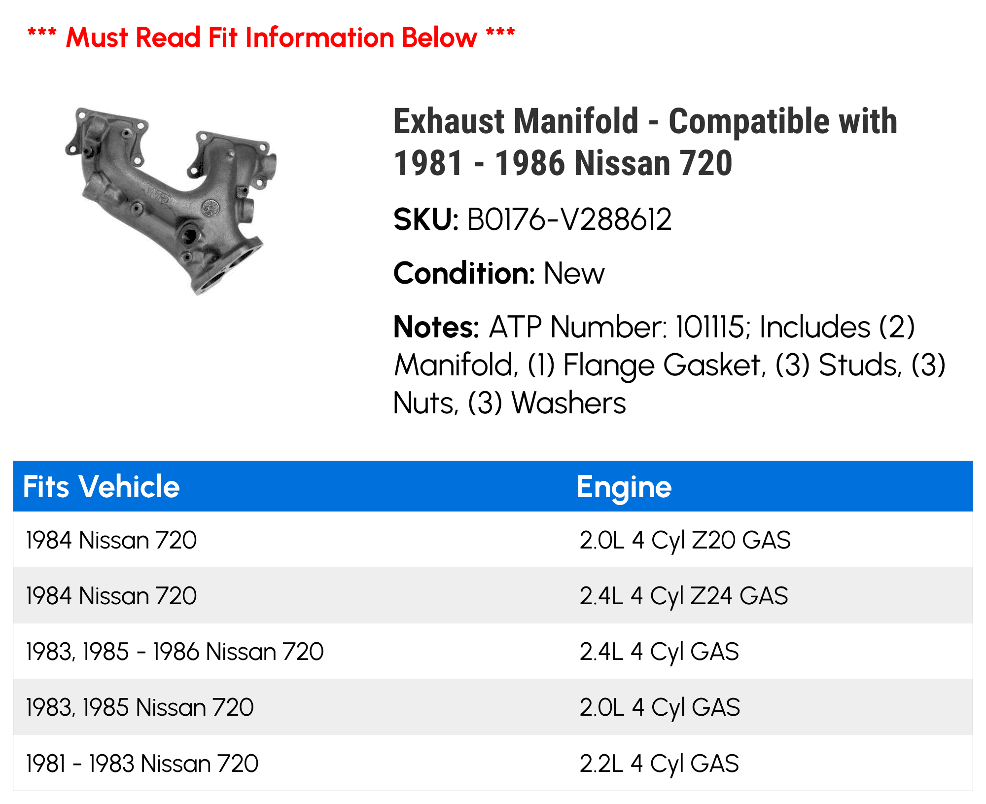 Exhaust Manifold - Compatible with 1981 - 1986 Nissan 720 1982 1983 1984 1985