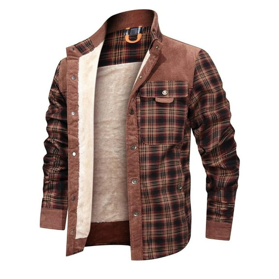 Fexilor Men's Corduroy Plaid Sherpa Lined Flannel Shirt Jacket Fleece Coat,Size XL