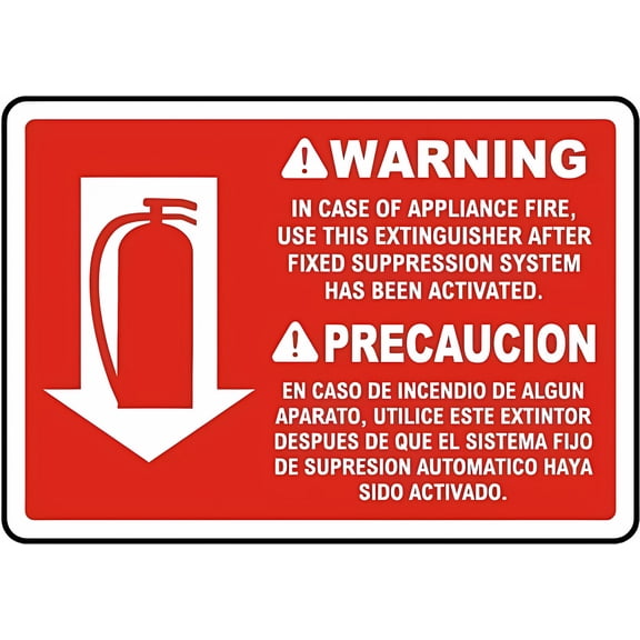 Bilingual Appliance Fire Warning Sign - 12×8 Inches, Extinguisher Metal Tin Sign, Home or Work Fire Safety Alert
