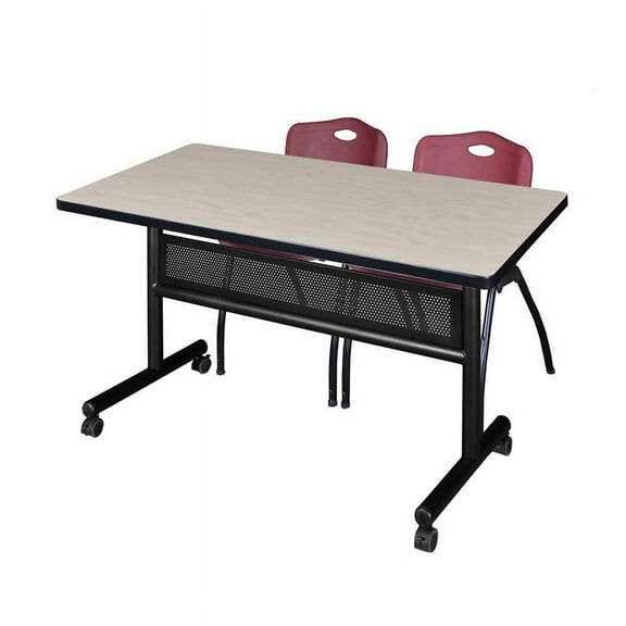48" x 30" Flip Top Mobile Training Table w/ Divider- Maple & 2 Stack Chairs