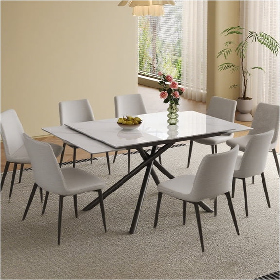 JERFIT White Sintered Stone Extendable Dining Table Set with 8 Chairs, Modern Expandable Rectangle Kitchen Table with Carbon Steel Cross Base for Dining Room